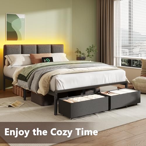 Full Size Bed Frame with Upholstered Headboard & 2 Storage Drawers