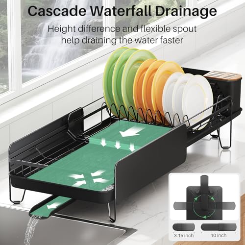SNTD Large Dish Drying Rack for Kitchen Counter, Expandable, Black | Stainless Steel Dish Drainer, Adjustable Length 18.9''-29.3'', Automatic Drainage, 360° Spout, Cutlery Holder with Knife Slot
