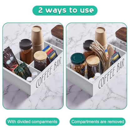 ALELION White Coffee Station Organizer with Removable Dividers – Wooden Coffee Bar Countertop Organizer for Pods, Stirrers, Sugar Packets & Lids, Kitchen, Office, Café Use