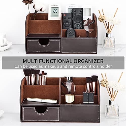 Pu Leather Desk Organizer Pen Pencil Holder Office Supplies Caddy Storage Box 6 Compartments with Drawer Brown