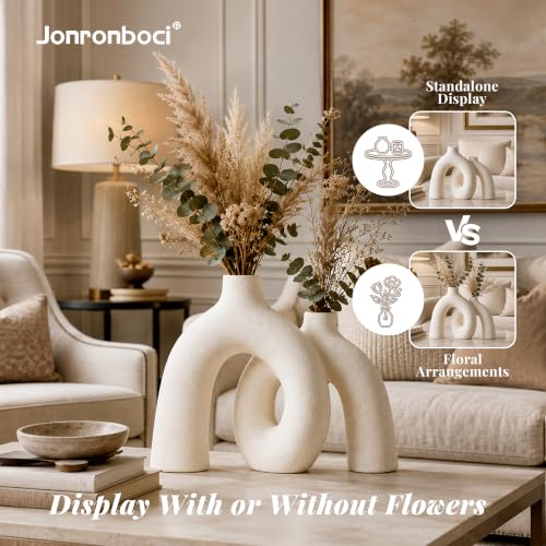 Hug Donut Decorative Vase Set - Modern Nordic Boho Style Vases Home Decor, Matte Ceramic Decorations for Living Room Shelf, Bookshelf Mantle Entryway Table or Console Décor (Cream White)