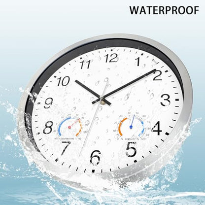 Caysie 12 Inch Indoor Outdoor Clocks Waterproof with Thermometer and Hygrometer Combo, Silent Battery Operated Quartz Metal Wall Clock for Patio Pool Bathroom Home (White)