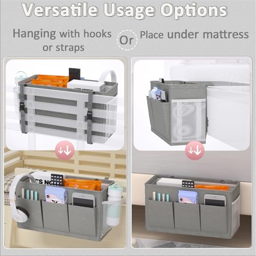Bedside Caddy Storage Organizer for Bed Rails, Bed Caddy with 6 Pockets | Bedside Organizer with Fixed Straps and Hooks, Mattress Supported Versatile for Home, Dorm, Bunk, Hospital and Crib Bed