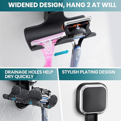 TAILI Suction Cup Razor Holder for Shower Wall 2 Pack, Versatile Suction Cup Hooks for Razor, Towel, Loofah, Squeegee, Cell Phone, Removable Damage-Free Hanging Shower Hook, Shaver Holder, Black