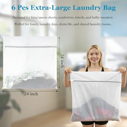 6 Pack Large Mesh Laundry Bags for Delicates 24 x 24 Inch (Gray XXL) | Honeycomb Lingerie Bags for Washing Machine, Travel Storage Organize Bags for Sheets Sweaters Jeans Blankets