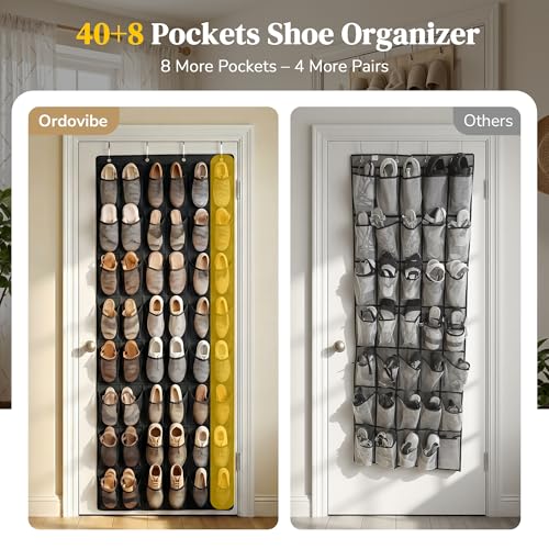 48 Pockets Over the Door Shoe Organizer, Large Mesh Hanging Shoe Rack, 6-Column Heavy Duty Shoe Storage for Sneakers and Heels, Behind Door Holder for Entryway Bedroom Dorm College, Black