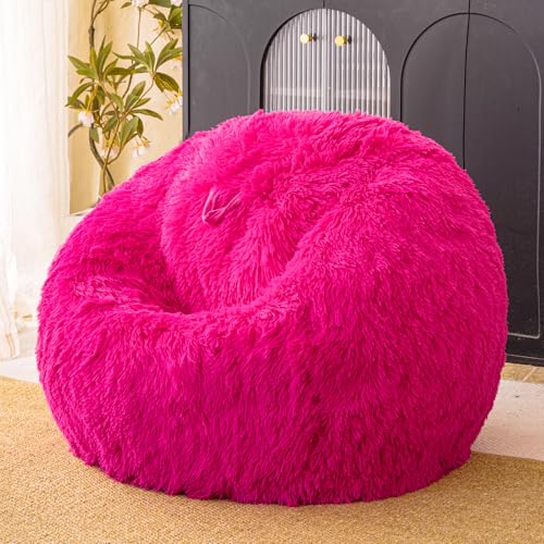 Hot Pink fluffy bean bag chair covers (No Filler), comfy Plush Hot Pink bean bag chair Cover for bedroom, stuffed animal Storage, kids adults teens girls bean bag chairs, Anti-Slip