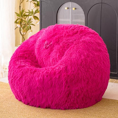 Hot Pink fluffy bean bag chair covers (No Filler), comfy Plush Hot Pink bean bag chair Cover for bedroom, stuffed animal Storage, kids adults teens girls bean bag chairs, Anti-Slip