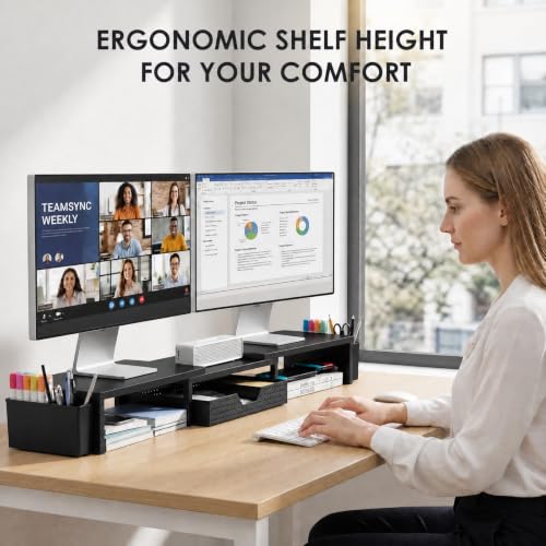 Desk Organizers and Accessories, Dual Monitor Stand Riser with Drawer and 2 Pen Holders, Desk Shelf Computer Racks for Office Workspace Organizers, Desktop Organization (Black)