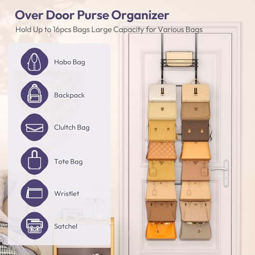 Over the Door Purse Organizer - Wall Mounted Handbag Organizer with 16 Hooks and Metal Basket, Hanging Purse Storage Rack Holds up to 16 Bags, Bag Rack Can Use As 1/2 Part, for Door, Closet