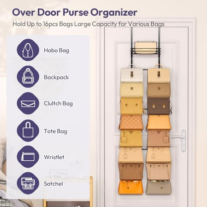 Over the Door Purse Organizer - Wall Mounted Handbag Organizer with 16 Hooks and Metal Basket, Hanging Purse Storage Rack Holds up to 16 Bags, Bag Rack Can Use As 1/2 Part, for Door, Closet
