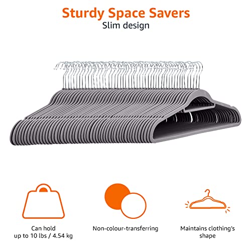 Amazon Basics Space Saving Heavy Duty Non-Slip Velvet Suit Hangers with Horizontal Tie Bar, Sturdy for Clothes Organization and Storage, Dark Gray, 50-Pack