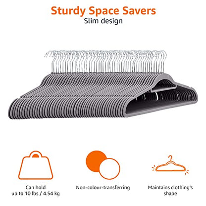 Amazon Basics Space Saving Heavy Duty Non-Slip Velvet Suit Hangers with Horizontal Tie Bar, Sturdy for Clothes Organization and Storage, Dark Gray, 50-Pack