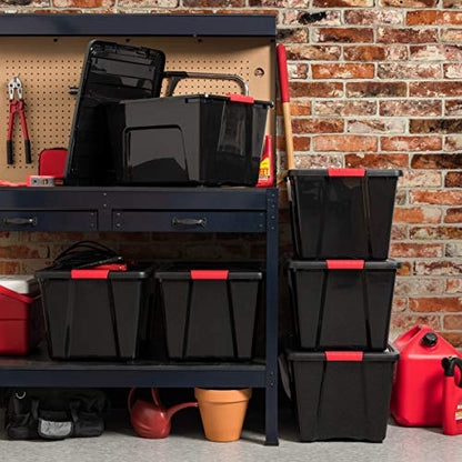 IRIS USA 6-Pack 54 Quart Storage Bins with Lids, Black | Black finish conceals stored items. Perfect for moving, blankets, clothing, and garage storage. Nestable design saves space