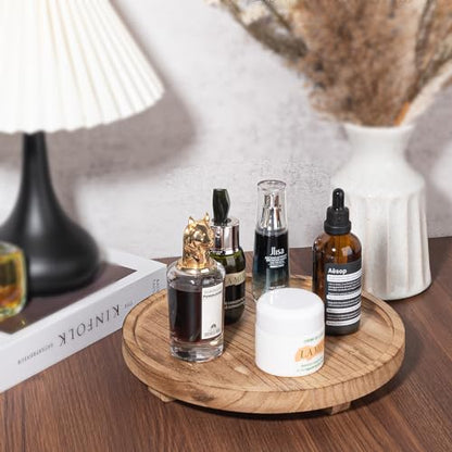 Round Decorative Tray Wood Bathroom Counter Organizer Farmhouse Kitchen Decor Wooden Riser for Soap Dish, Perfume, Candle, Sponge, 10" - Brown