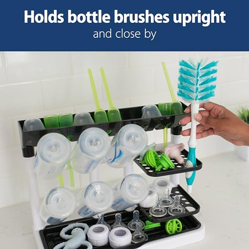 Dr. Brown's Drying Tower, Stand-Up Drying Rack, Countertop Baby Bottle Drying with Organized Storage for Baby Essentials, Space Saving Vertical Rack, Black/White