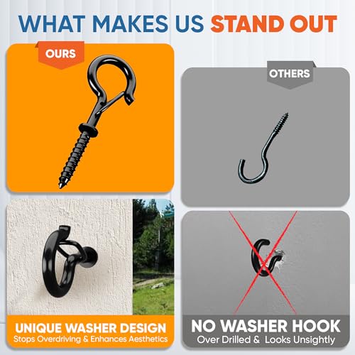 [HEAVY-DUTY] 250Lbs 5’’ M8 Q-Hanger Hook with Safety Buckle & Washer, 4Pcs | Black Windproof Screw Hooks for Hanging Plant with Expansion Tubes, Screwdriver, Hanging Outdoor String Light Christmas Patio