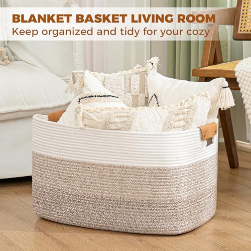 Blanket Basket, 72L Woven Storage basket with Leather Handle, Eco-friendly Decorative Storage Organization in Bathroom & Living Room for Towels 22 ''*17 ''*11.8 '', Gradient Brown