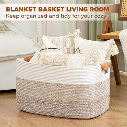 Blanket Basket, 72L Woven Storage basket with Leather Handle, Eco-friendly Decorative Storage Organization in Bathroom & Living Room for Towels 22 ''*17 ''*11.8 '', Gradient Brown
