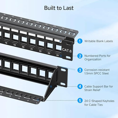 Cable Matters 1U 24 Port Keystone Patch Panel with Cable Management