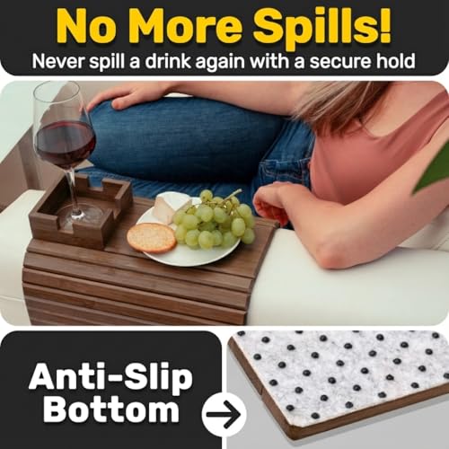 Bamboo Couch Cup Holder, Foldable Couch Armrest Table, Non-Slip Couch & Sofa Arm Tray for Drinks & Snacks - Brown