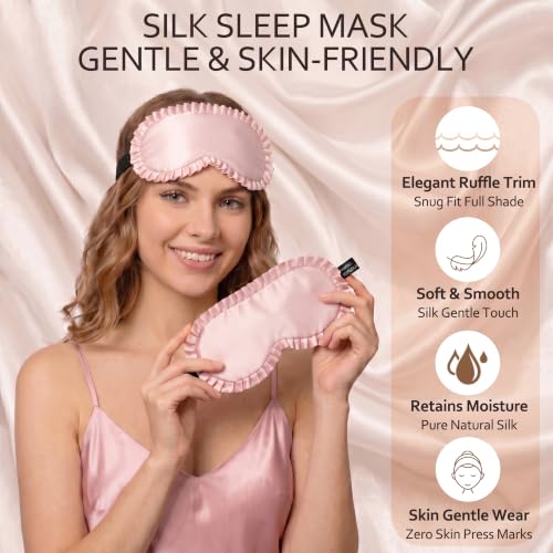 Silk Sleep Mask for Women, 100% Mulberry Silk Eye Sleeping Mask & Blindfold with Adjustable Strap, Ruffled Edge & Laundry Bag, Blackout Soft Eye Cover for Travel, Nap, Night Shift,Pink