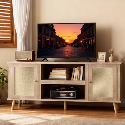 LUCKLIFE Rattan TV Stand for 65 Inch Television with Charging Station,59" Mid Century Modern Entertainment Center, Boho Media Console with Storage Cabinet Open Shelves for Living Room,Natural
