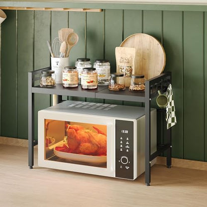 2 Tier Expandable Microwave Stand countertop,Microwave Oven Rack | microwave shelf, storage shelves for pans &appliances,Adjustable partition height，8 Hooks，55lbs max load,Black