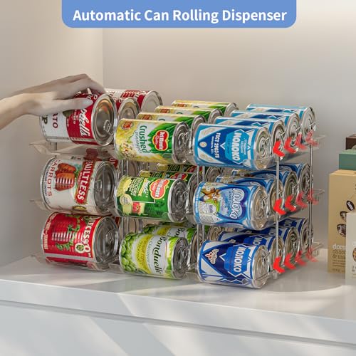 Can Organizer for Pantry, 3-Tier Stackable Can Dispenser Rack | Automatic Rolling, Modular Flexible Combination, Extra-Thick Clear Material, Cabinet Pantry Fridge Countertop Storage