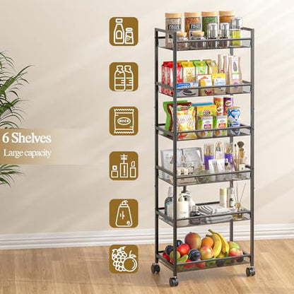 6 Tier Slim Rolling Storage Cart, Narrow Mobile Shelving Unit Organizer Utility Cart with Wheels, Metal Wire Storage Rack with Baskets for Kitchen, Bathroom, Laundry & Living Room, 10in(W) Black