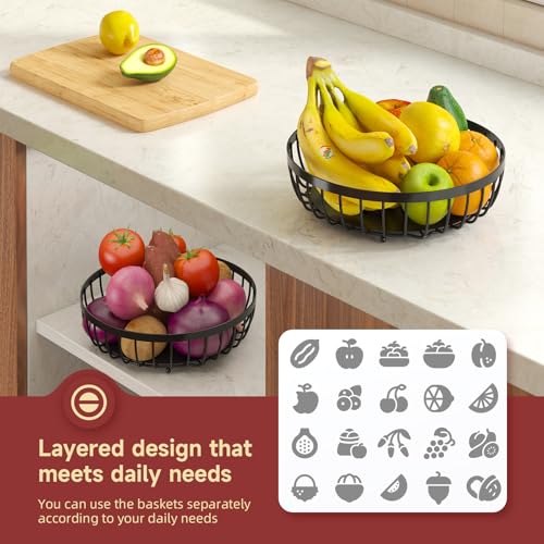 2 Tier Large Fruit Bowl for Kitchen Counter with 2 Banana Hangers | Sturdy Metal Basket for Fruit, Bread & Onions, Modern Wire Fits Various Styles, Includes Food-Safe Mats to Keep Produce Fresh