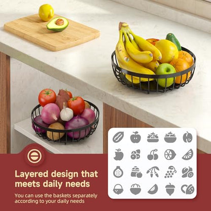 2 Tier Large Fruit Bowl for Kitchen Counter with 2 Banana Hangers | Sturdy Metal Basket for Fruit, Bread & Onions, Modern Wire Fits Various Styles, Includes Food-Safe Mats to Keep Produce Fresh