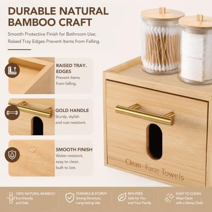 Bamboo Face Towel Holder Set with 2 Cotton Jars & 60 XL Disposable Wipes | Space-Saving Vanity Organizer Box with Dust-Proof Dispensing Drawer for Facial Towelettes & Wipes, Ideal Skincare Gift