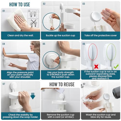 TAILI Soap Holder, Soap Dish for Shower Suction Cup, Bar Soap Holder, White | 2 Layer Removable Soap Holder Shower, Soap Tray for Shower Wall, Drill Free Sponge Holder, Bathroom & Kitchen, No drill