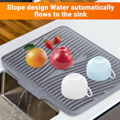 Silicone Dish Drying Mat for Kitchen counter, 15.8"x13" Extra Large Non-Slip Drain Pad with Built-in Drainage, Heat Resistant Dishwasher Safe, Drainage Spout & Hanging Hook, Grey