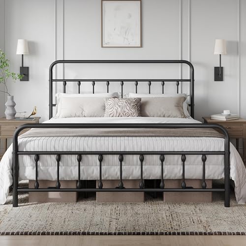 King Bed Frame with Headboard, Victorian Vintage B... (Black | Iron)