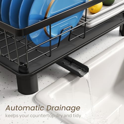 SNTD Dish Drying Rack for Small Kitchen Counter | Space Saving, Rotating Spout & Angled Drainboard for Quick Drainage, Stainless Steel, Removable Utensil Holder