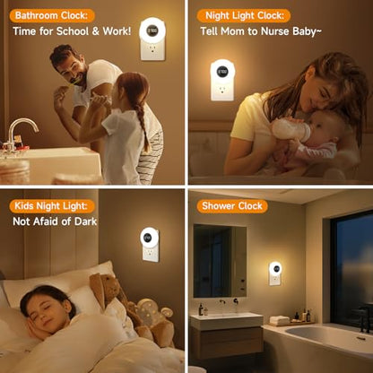 One Fire 【2 Pack】 Bathroom Clock,10 Levels Dimmable+3 Light Colors+Remote Shower Clock+Bathroom Shower Timer, 90 Lumen Shower Lights, Aora Night Light, Small Clock Plug in Timer, Dimmable Night Light