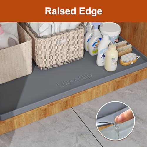 ukeetap 19" x 25" Extra Thick Silicone Mat Waterproof with Raised Edge, Under Sink Mat for Kitchen & Bathroom, Kitchen Cabinet Liner, Multi-Purpose for Storage & Protection, Gray