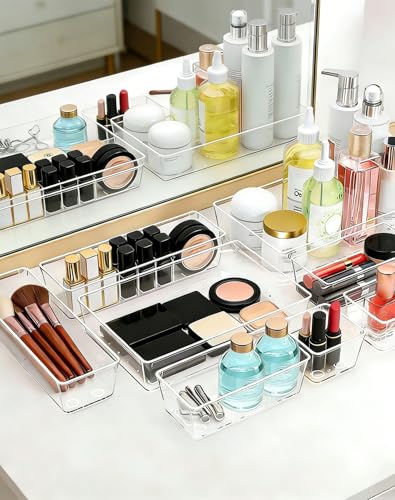 45Pack Makeup Drawer Organizers Set, 4Sizes acrylic desk organizer trays for vanity, bathroom, office, nightstand, junk for kitchen drawer, Versatile plastic drawer divider storage bins