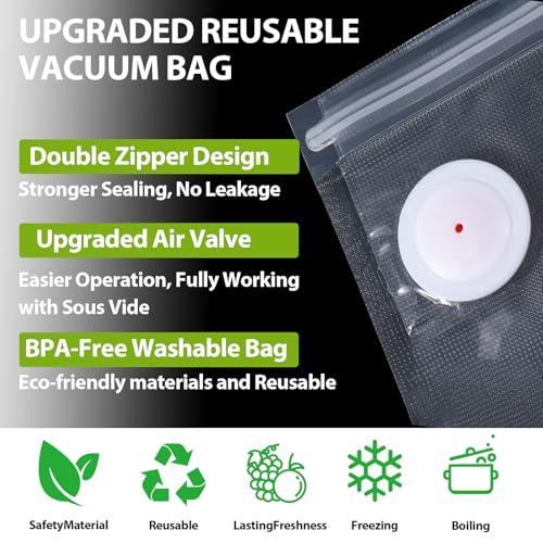 60 PCS Vacuum Sealer Bags for Food, BPA-Free Reusable Vacuum Zipper Bags with Upgraded Air Valve, Sous Vide & Meal Prep Vacuum Storage Bags, Compatible with Handheld & External Vacuum Sealer Machines