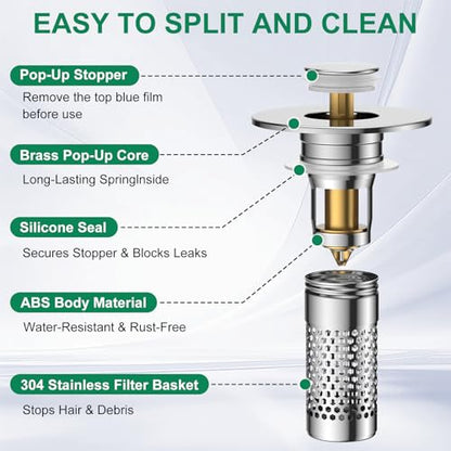 Bathroom Sink Drain Strainer,Universal Pop-Up Sink Stopper Hair Catcher, Anti-Clog Stainless Steel Drain Filter Basket, Removable Sink Drain for Bathroom Sink Stopper
