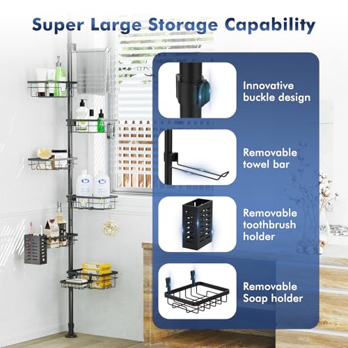 Shower Caddy Organizer Tension Pole, Corner Shower Shelves Bathroom Storage | 6 Tier Shelf, Rustproof 30-120’’ Adjustable, Towel Bar&Soap Dish for Bathroom Organizers, Shower Rack for Inside Shower,Black