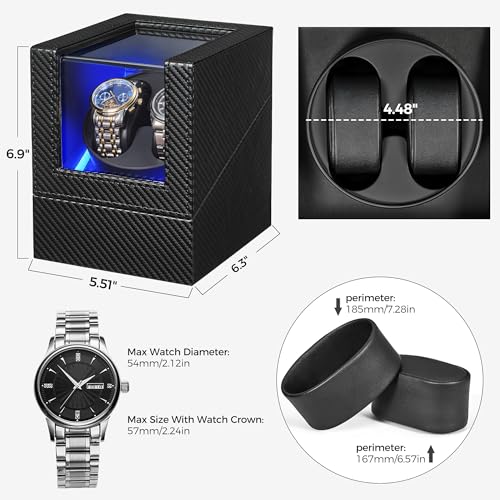 BEWISHOME Watch Winder for Automatic Watches,Double Watch Widner with Light | 4 Modes, Automatic Watch Winder Box Watch Spinner with Japanese Quiet Motor Type-C Adapter or Battery Powered, SYQ02C