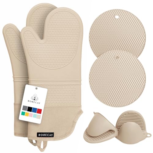 RORECAY Silicone Oven Mitts and Pot Holders Sets, Gloves for Kitchen, Beige | Set of 6 Kitchen Mitts for Baking & Cooking, Heat Resistant 500 ℉, 15" Extra Long, Non-Slip & Waterproof, Quilted Cotton