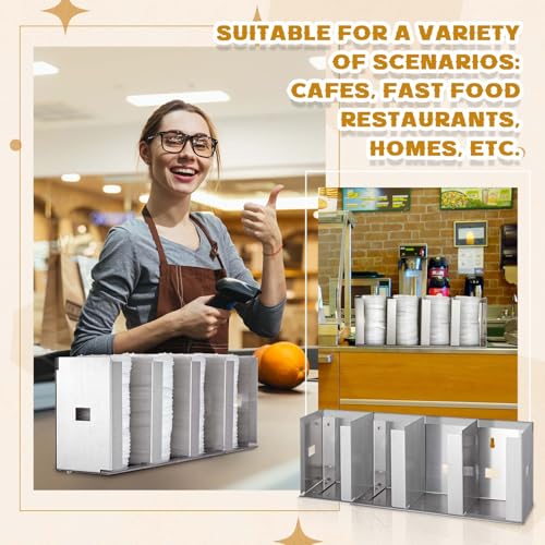 Hicarer 4 Compartments Stainless Steel Cup Dispenser with Adjustable Dividers Silver Cup and Lid Holder Lid Organizer Storage for Cabinet Kitchen Cafe Tea Shop Restaurant, Silver