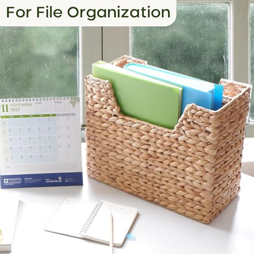 Wicker Magazine Basket Water Hyacinth Handwoven Magazine Holder | Decorative Handwoven Magazine Rack Floor, Organizer for Files, Books, Newspapers, Documents For Office, Living Room, Bathroom