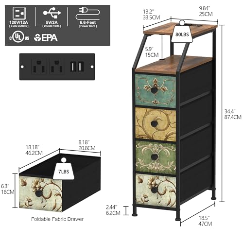 Narrow Dresser Tall Skinny Storage Tower Vertical Slim Chest of Drawers with Charging Station Small Nightstand Side Table for Bedroom, Bathroom, Small Spaces (Retro Flower, 4 Drawers)