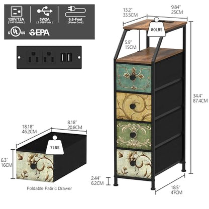 Narrow Dresser Tall Skinny Storage Tower Vertical Slim Chest of Drawers with Charging Station Small Nightstand Side Table for Bedroom, Bathroom, Small Spaces (Retro Flower, 4 Drawers)