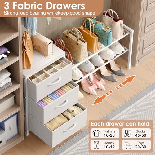 Expandable Closet Organizers and Storage, White Fabric Storage Dresser, 3 Drawer Dresser, Clothes Shelves for Kids, Purse Organizer Small Shoe Rack for Closet Bedroom(31.29~43.42 in)